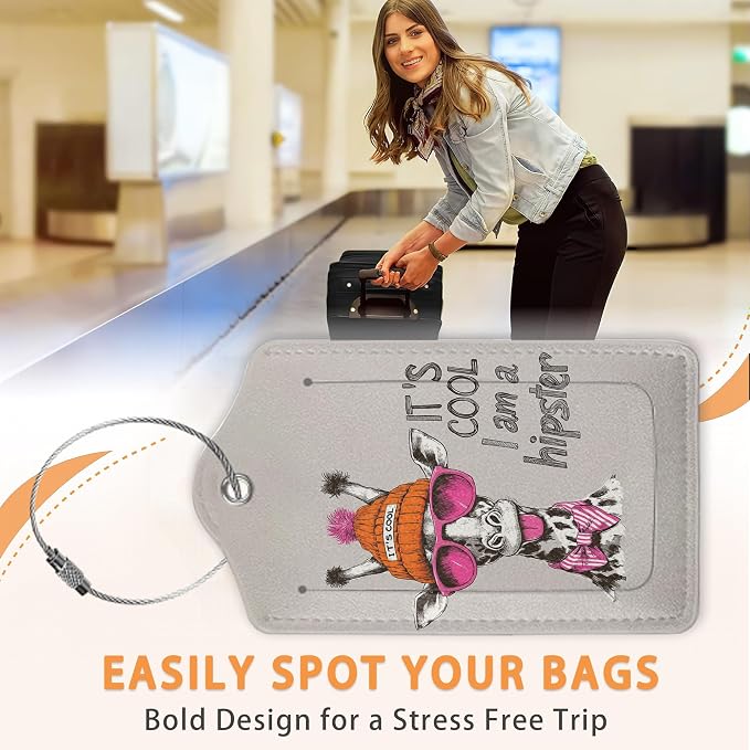 Funny Hipster Giraffe 3 Pack PU Leahter Luggage Tag - Image 4