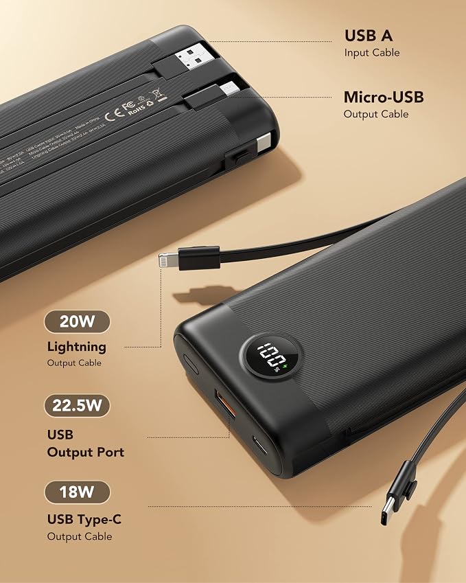 VEEKTOMX Portable Charger with Built-in Cables 30000mAh Power Bank - Image 4