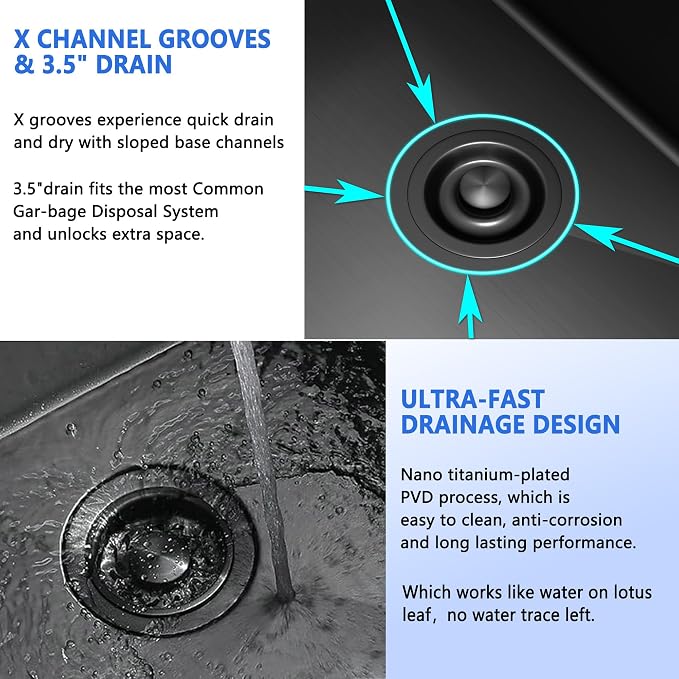 25x22 Inch Black Drop In Kitchen Sink, 25 Inch Gunmetal Black Kitchen Sink Top - Image 3