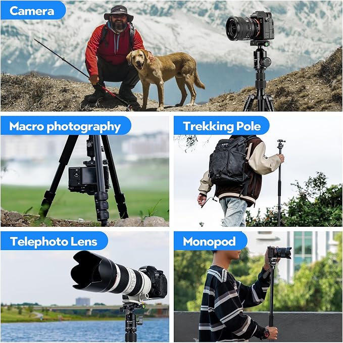 Fotopro 66" Camera Tripod, Aluminum Compact Travel Tripod and Monopod - Image 6