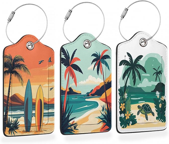 Tropical Turtle Beach Art 3 PCS Luggage Tags, Vintage Coastal Leather Suitcase by Losthll