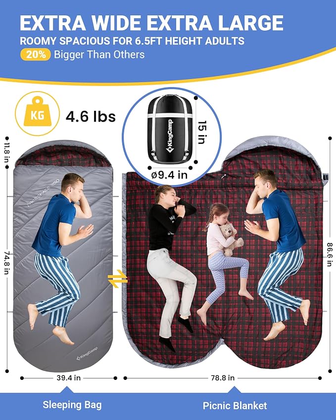 KingCamp Sleeping Bag for Adults, Cold Weather & Warm Extra Wide Big & Tall XL - Image 2