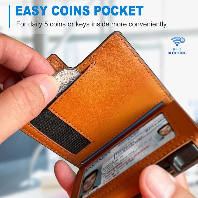 Men Wallet, with Money Clip Coins Pocket ID Window, Slim Front Pocket RFID - Image 4