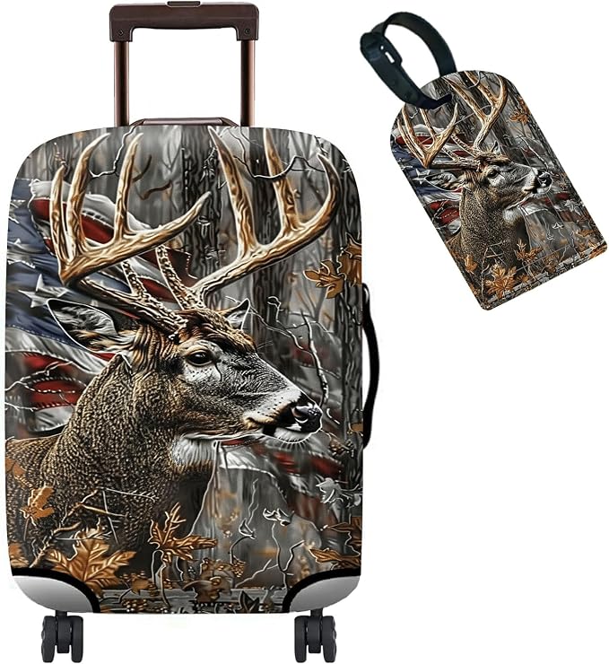 Luggage Cover Suitcase Protector + Tag, Camo Deer Flag Travel Suitcase Cover by BWEGRHE