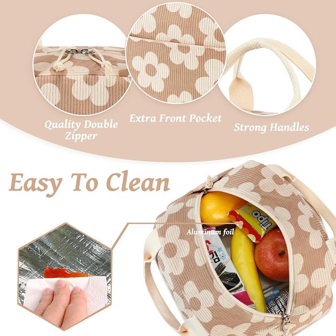 Bluboon Lunch Bag for Women Men Cute Corduroy Lunch Tote Bags Reusable - Image 6