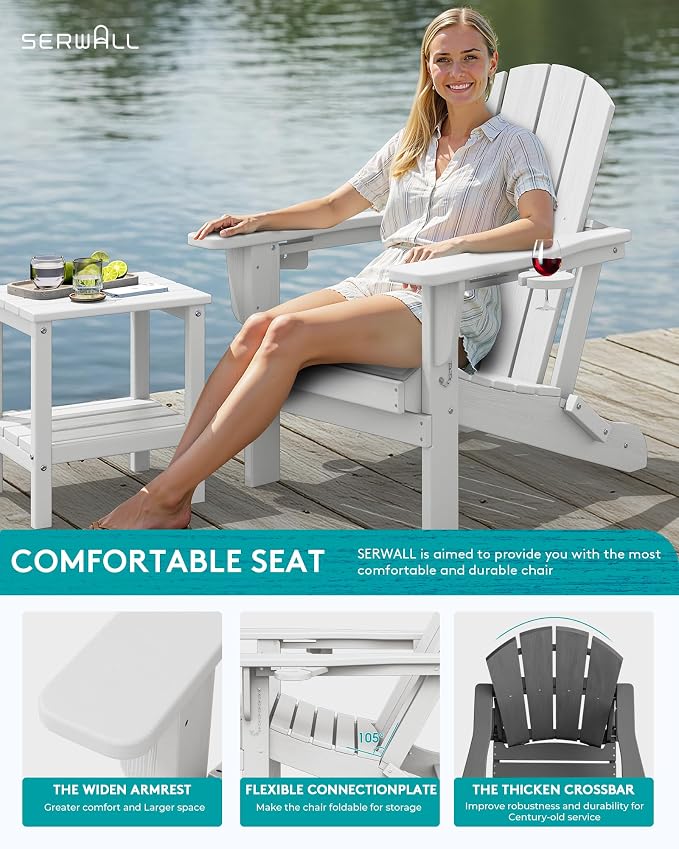SERWALL Folding Adirondack Chair, Dual Cup Holders & All-Weather HDPE, - Image 7