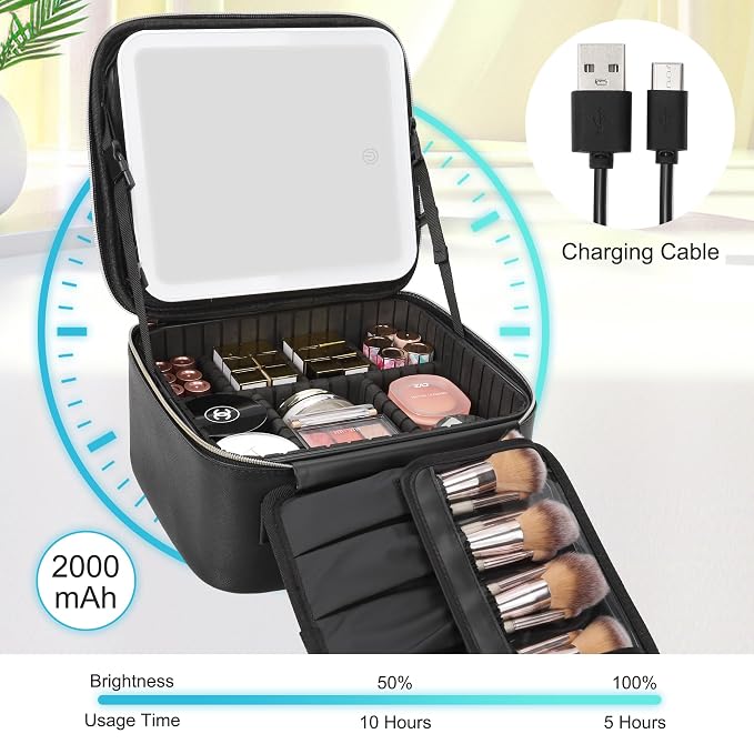 Relavel Travel Makeup Bag With LED Mirror, Cosmetic Train Case with Light up - Image 4
