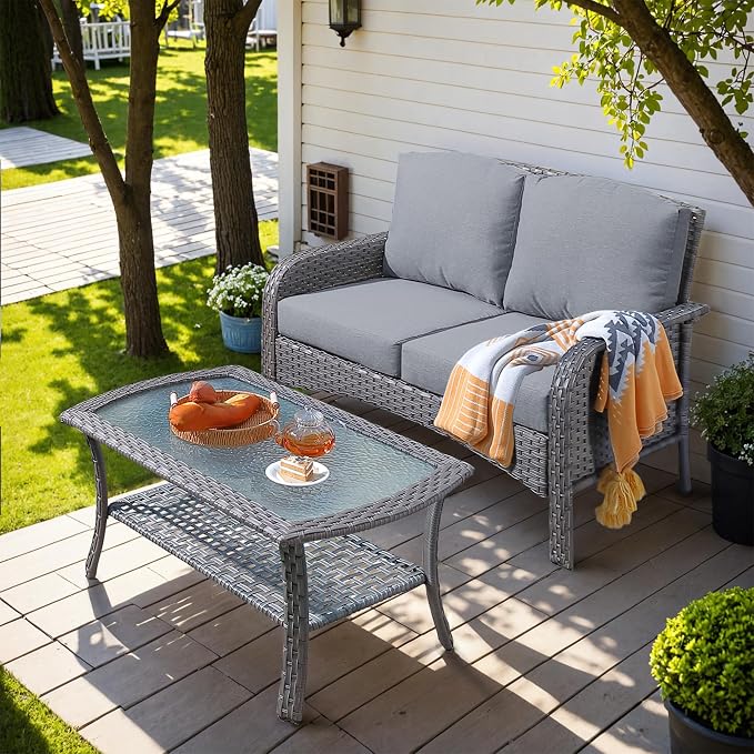 HOOOWOOO Patio Furniture Set, Outdoor High Back Loveseat Set, All Weather by DesignforBetterLife