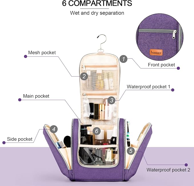 Hanging Travel Toiletry Bag for Women and Men, 6 Organizer Compartments - Image 3