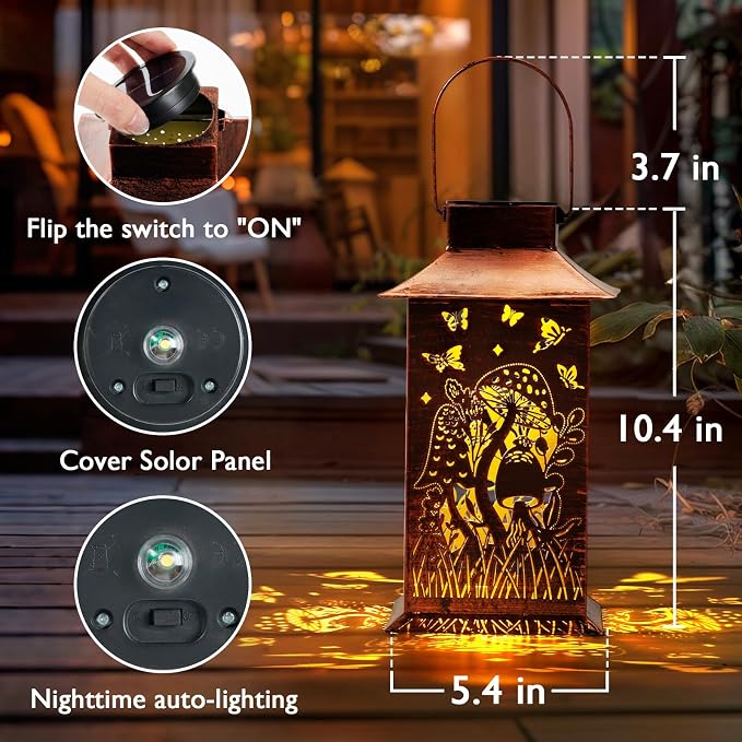 Homemory Mushroom Solar Lanterns Waterproof, Metal Hanging Hollowed-Out Metal - Image 3