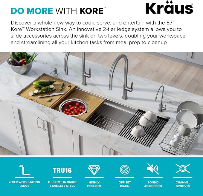 KRAUS Kore 57-inch Undermount Workstation 16 Gauge Single Bowl Stainless Steel - Image 3