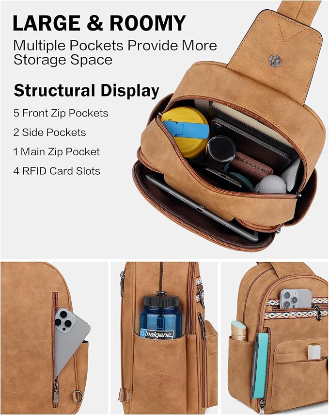 FADEON Large Sling Bag for Women, Leather Crossbody Purse Designer Anti Theft - Image 6