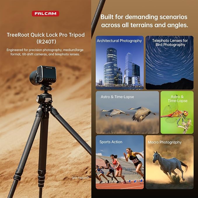 FALCAM TreeRoot Carbon Fiber Medium Tripod, 4-Section Legs, 50kg Vertical Load - Image 2