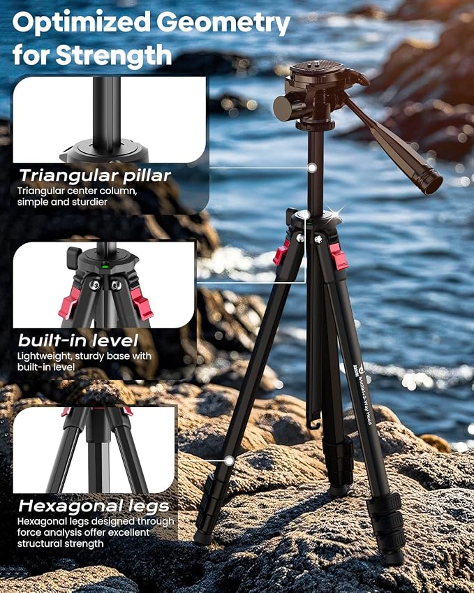68" Lightweight Camera Tripod Stand, Compact Portable Travel Aluminum Tripod - Image 5