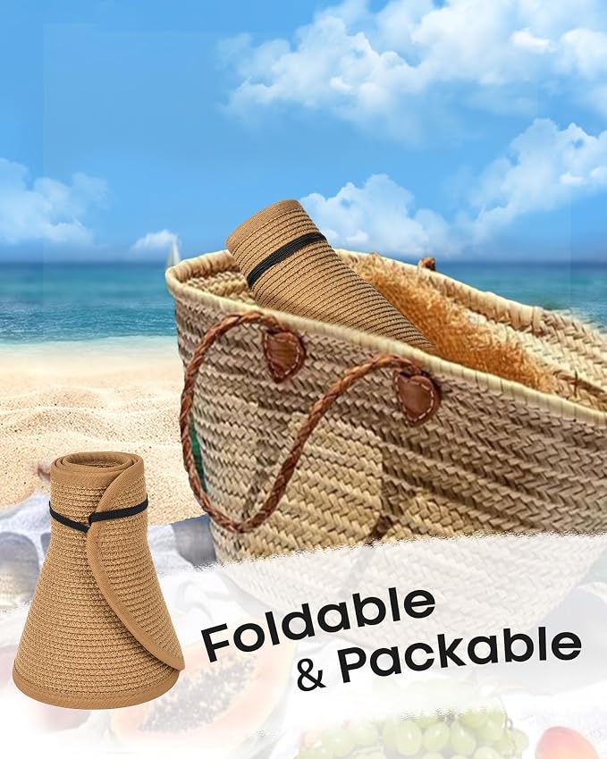 Womens Sun Visor Hats Wide Brim Straw Beach Hat UV Protection Ponytail Packable - Image 5