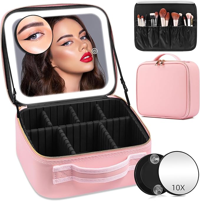 Lighted Makeup Case with Mirror, Adjustable Dividers by Jadazror