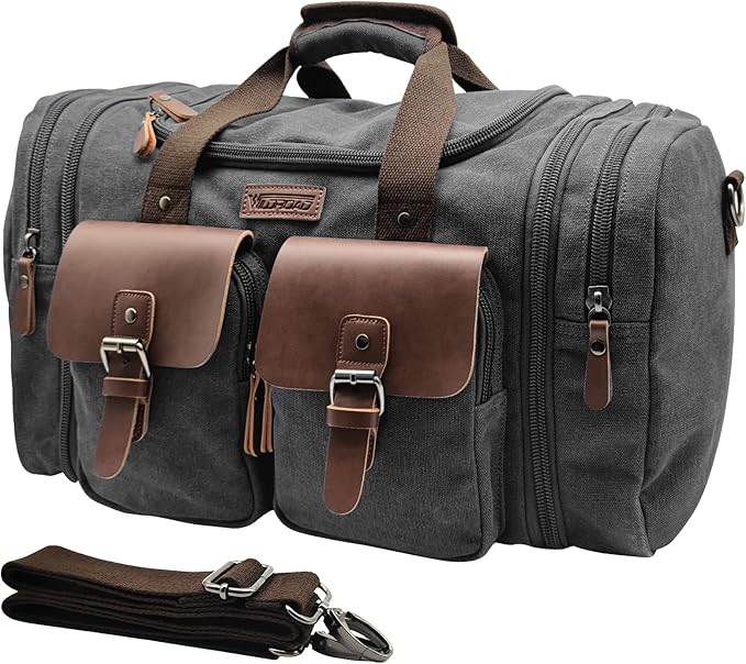 Wildroad 60L Travel Duffel Bag, Expandable Canvas Genuine Leather Duffle Bag by WILDROAD