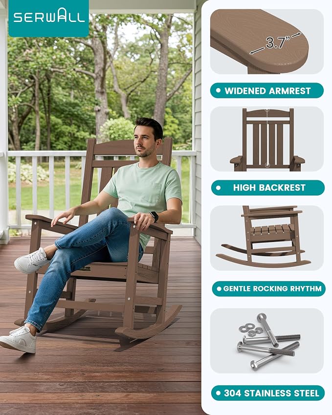 SERWALL Outdoor Rocking Chair, HDPE Patio Rocking Chair All-Weather Porch Rocker - Image 5
