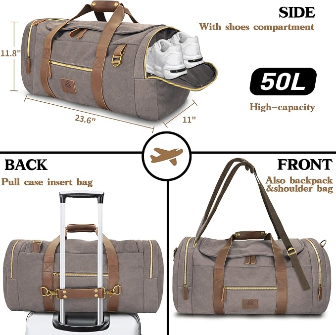 Vintage Canvas Duffle Bag, 50L Genuine Leather Travel Duffel Backpack - Image 3