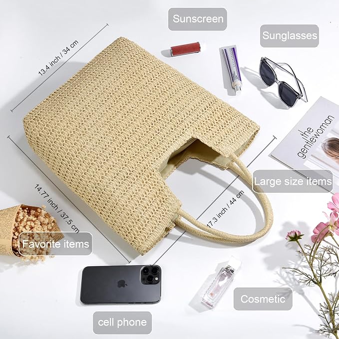 Straw Beach Bags for Women Woven Beach Tote Bag Casual Boho Large Shoulder - Image 4