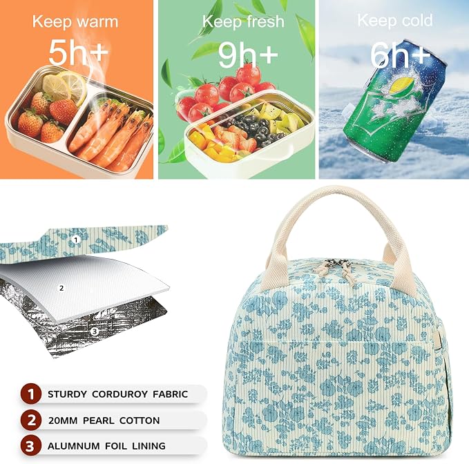 Bluboon Lunch Bag for Women Men Cute Corduroy Lunch Tote Bags Reusable - Image 8