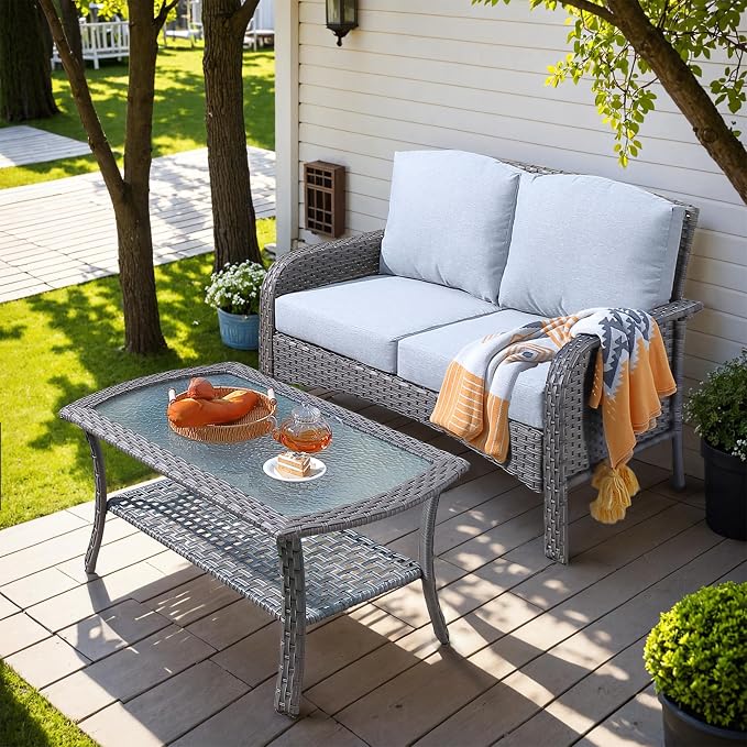HOOOWOOO Patio Furniture Set, Outdoor High Back Loveseat Set, All Weather by DesignforBetterLife