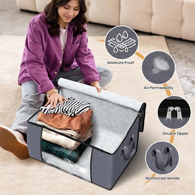 Fab totes 4 Pack Clothes Storage, Foldable Thick Fabric Blanket Storage Bags - Image 4