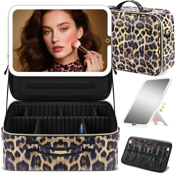 Large Travel Makeup Bag with LED Mirror, 3-Color Stepless Dimming Stand Mirror - Image 2