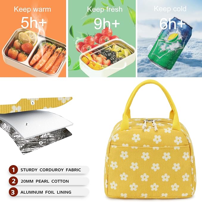 Bluboon Lunch Bag for Women Men Cute Corduroy Lunch Tote Bags Reusable - Image 7