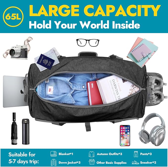 Canway 65L Travel Duffel Bag, Foldable Weekender Bag - Image 3