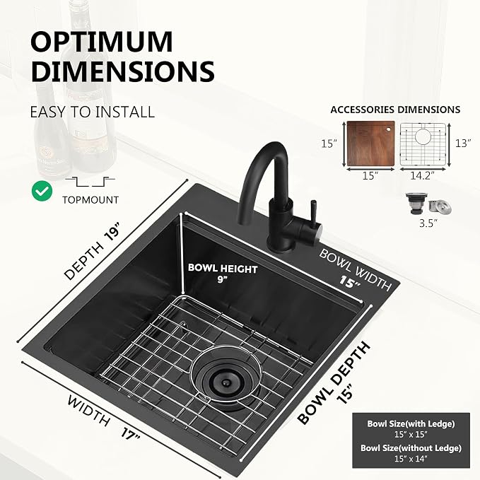 COMLLEN 17x19 Inch Black Drop in Bar Sink, 304 Stainless Steel Utility Kitchen - Image 6