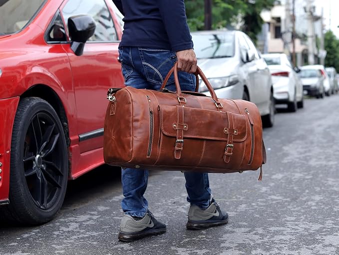 Duffle Leather Travel Bag for Women Men Gym Sports Overnight Weekend Airplane - Image 2