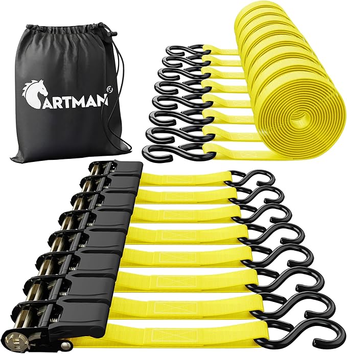 Cartman Ratchet Tie Down, 8Pk 15Ft, 500Lbs Load Cap/ 1500Lbs Break Strength by CARTMAN