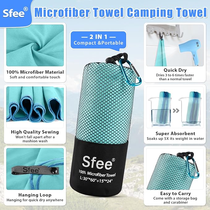 Sfee 2 Pack Microfiber Travel Towel, Quick Dry Towel Camping Towel Super - Image 2
