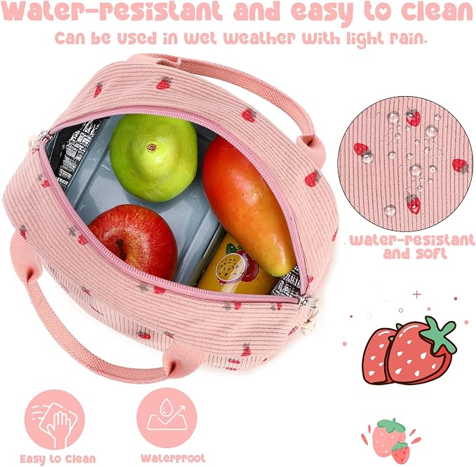 Bluboon Lunch Bag for Women Men Cute Corduroy Lunch Tote Bags Reusable - Image 3