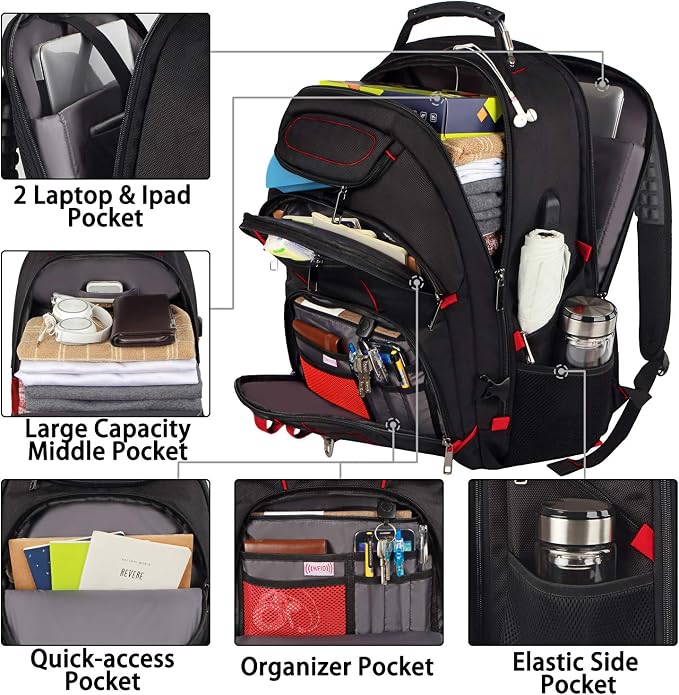 Laptop Backpack, 55L Capacity, TSA Approved, RFID Anti-Theft, USB Charging Port - Image 2