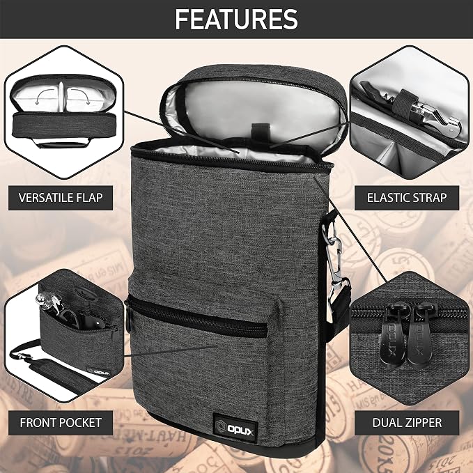 Opux 2 Bottle Wine Tote Carrier, Insulated Cooler Bag - Image 4