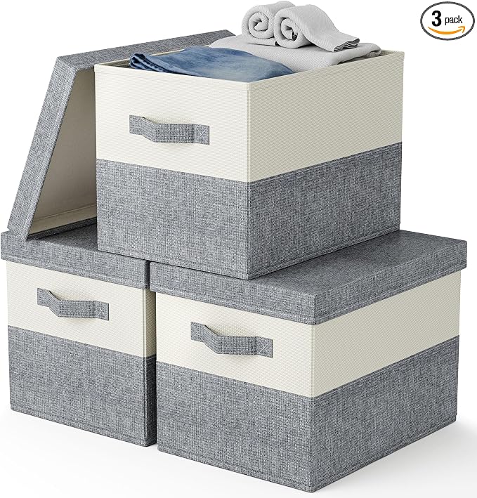 Fabric Large Storage Bins with Lids 3 Pack Collapsible, Linen Closet Organizers by Unknown
