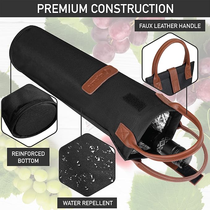 opux Wine Bag Single Bottle Carrier Tote, Insulated Travel Wine Cooler Bag - Image 5