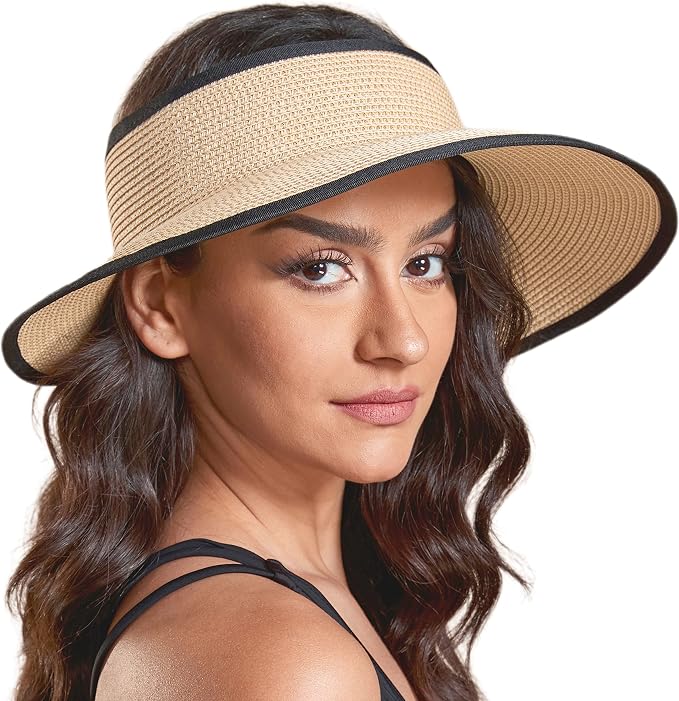 Joywant Womens Sun Visor Hats, Packable Wide Brim Ponytail Beach Hat Straw by Joywant