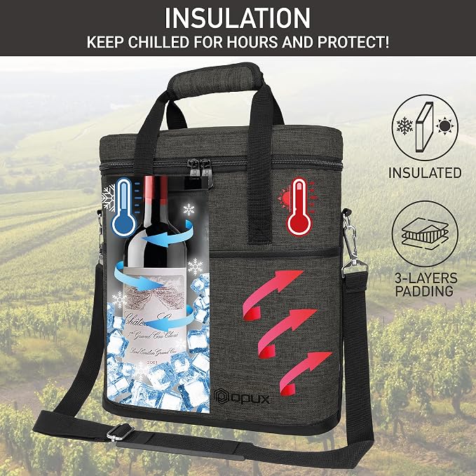 opux 3 Bottle Wine Carrier Tote, Insulated Leakproof Wine Cooler Bag, Wine - Image 2