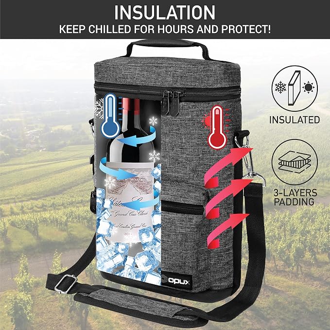 Opux 2 Bottle Wine Tote Carrier, Insulated Cooler Bag - Image 2