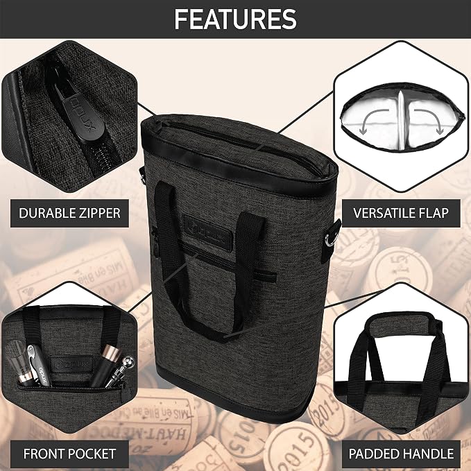 opux Two Bottle Wine Bag Carrier Tote, Insulated Leakproof 2 Bottle Wine Cooler - Image 5