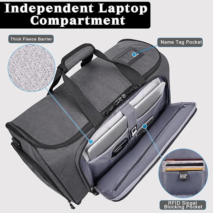 Travel Garment Duffle Bag with Laptop Compartment, RFID Blocking Convertible - Image 2