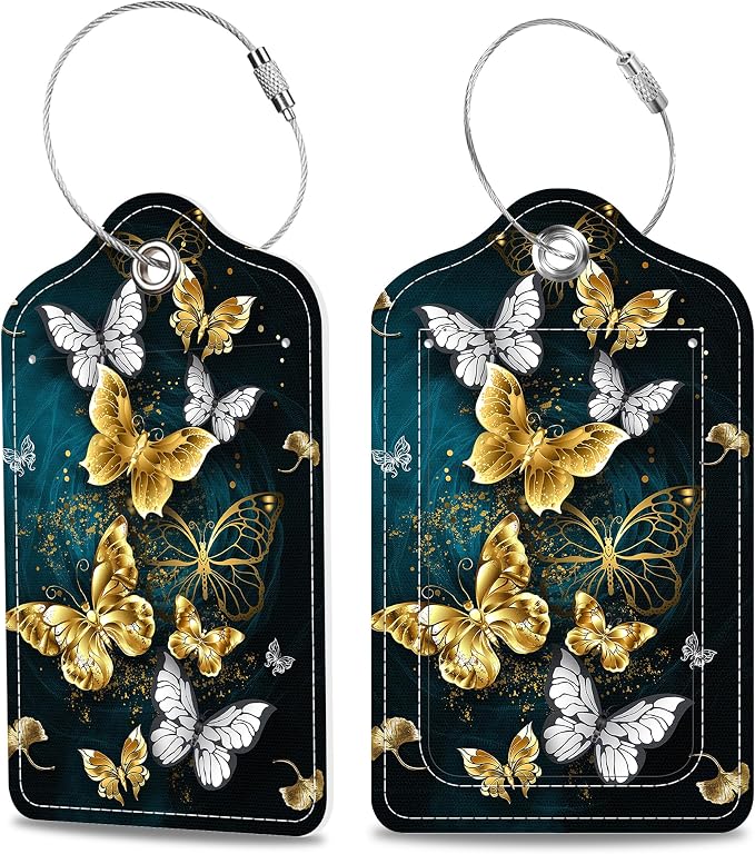 Set of 2 Luggage Tags Golden and White Butterfly Leather Suitcases Tag by MSEAANBK