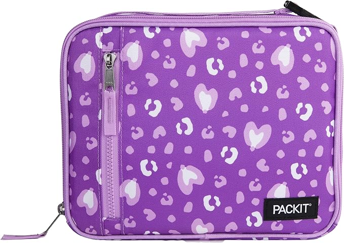 PackIt Freezable Classic Lunch Box, Leopard Hearts Purple, Built by PackIt