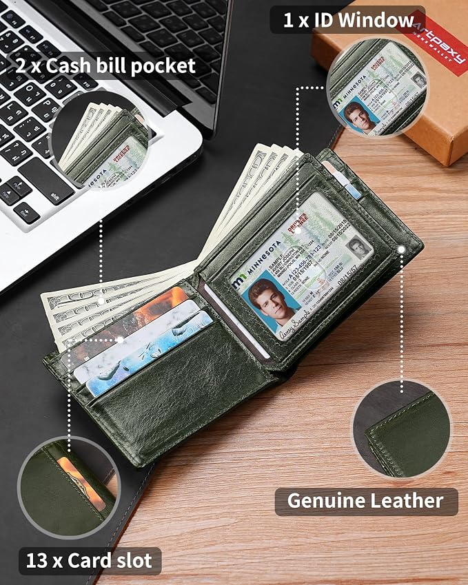 Mens Wallet Bifold Genuine Leather RFID Blocking Wallet - Image 5