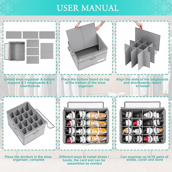 LUVHOMEE Shoe Organizer for Closet, Fits 16 Pairs, Large Shoe Box Storage - Image 6