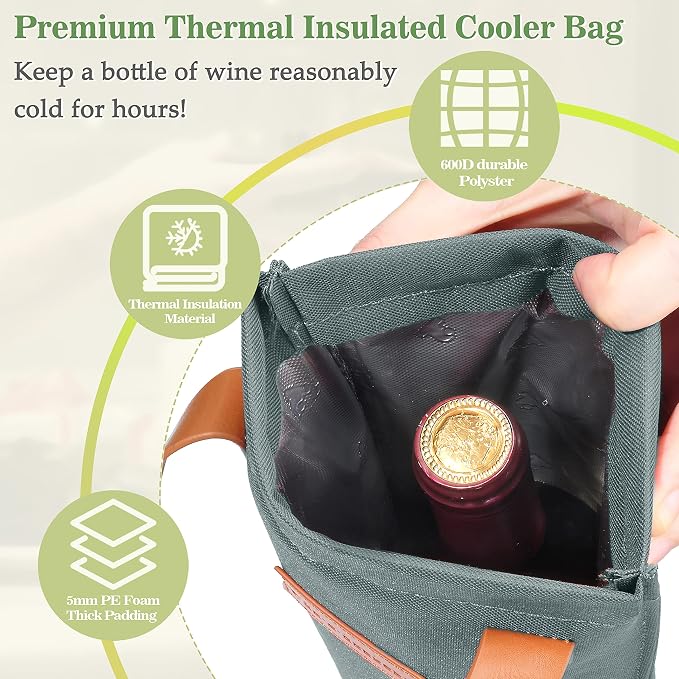 Tirrinia Single Wine Carrier Tote, Insulated Wine Cooler Bag - Image 3