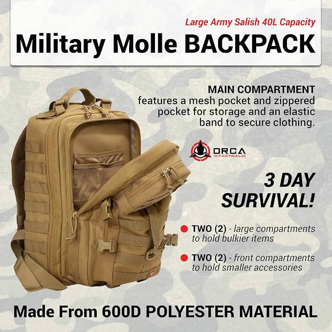 Backpack 40L Large Military 1 to 3 Day Molle Assault Pack Rucksack Army Bag - Image 3